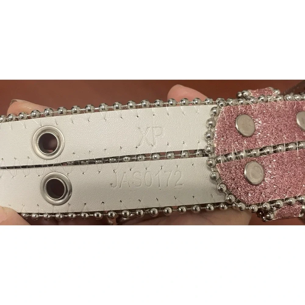 Women's Pink Glitter Western Belt Silver Engraved Buckle Rhinestone Studded 41